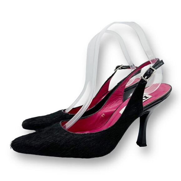 DUNE LONDON Black Calf’s Hair Pointed Toe Slingback Sculptural Heels Sz‎ 8.5 US - Picture 2 of 12